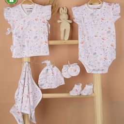 Mom's Home Organic Cotton Frill Sleeves Leaves Printed Onesie & Jhabla With Coordinating Cap Mittens Booties & Napkin Set - White & Pink-image-33