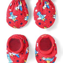 Babyhug 100% Cotton Knit Mittens & Booties Set with Airplane Print - Red-image-58
