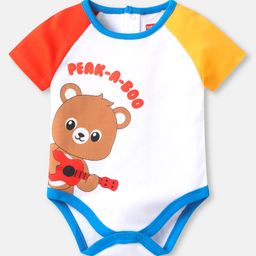 Babyhug Interlock Knit Half Sleeves Onesie With Bear & Peak-A- Boo Text Print - White Red & Yellow-image-20