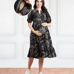 Bella Mama Woven Short Sleeves Maternity Dress with Leaves Print - Black-image-89