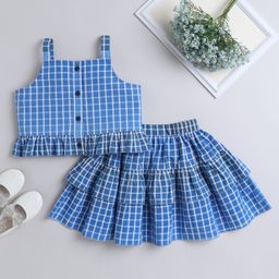 Aww Hunnie 100% Cotton Sleeveless Checked Coordinating Top & Layered Skirt Set - Blue-image-67