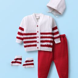 Babyhug Knitted Full Sleeves Striped Front Open Sweater Set with Booties & Cap - Red & White-6