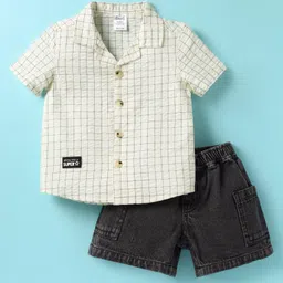 Simply Premium Cotton Knit Half Sleeves Shirt & Shorts Set with Checks - Offwhite & Black-picture-11