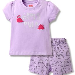 Babyhug Cotton Knit Half Sleeves T-Shirt & Short With Dino Print - Lavender-image-90