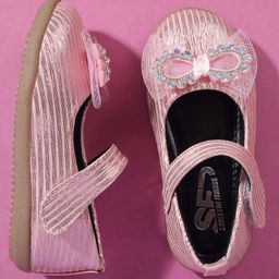 SHOES FOR JUNIORS Bow Applique Detailed & Rhinestones Embellished With Velcro Closure Mary Jane Ballerinas - Pink-image-74