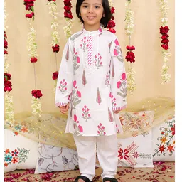 BownBee Pure Cotton Woven Full Sleeves Hand Block Floral Printed Kurta & Pyjama Set - Pink-picture-45