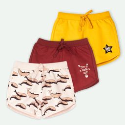 Ariel Cotton Knit Pack Of 3 Whale & Little Star Text Printed Shorts - Yellow Maroon & Peach-image-68