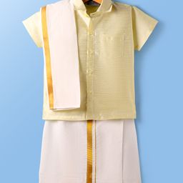 Dapper Dudes Half Sleeves Textured Shirt With Mundu & Angavastram Set - Lemon Yellow-picture-27