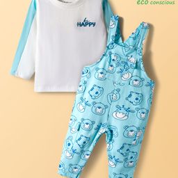 Babyoye 100% Cotton Knit Animal Printed Dungaree & with Full Sleeves Inner T-Shirt - Light Blue-picture-8