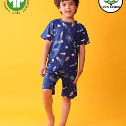 Anthrilo 100% Organic Cotton Knit Half Sleeves Space Theme Printed Tee & Coordinating Shorts Set - Navy Blue-image-59
