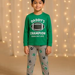 Unicorns Cotton Woven Full Sleeves Daddys Champion Text Printed Coordinating Night Suit Set - Green & Grey-image-91