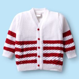 Babyhug Knitted Full Sleeves Striped Front Open Sweater Set with Booties & Cap - Red & White image 2