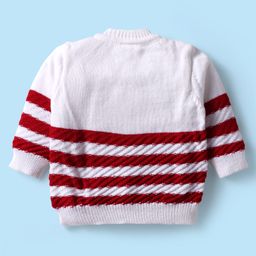 Babyhug Knitted Full Sleeves Striped Front Open Sweater Set with Booties & Cap - Red & White image 3