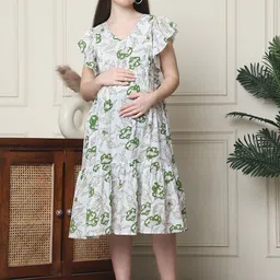 Frempy Floral Print Flutter Sleeve Organic Cotton Maternity A-Line Midi Dress-image-19