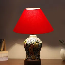 Devansh Red Textured Traditional Frusturical Shaped Wooden Table Lamp & Mosaic Glass-21