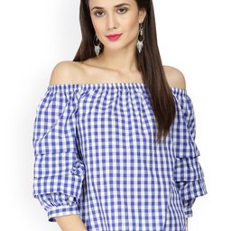 Gipsy Women Blue Checked Bardot Top-image-11