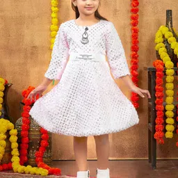 Sangria Girls Foil Printed Winter Woolen Dress With Belt-image-50