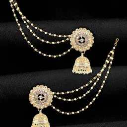 PRIVIU Gold-Plated Kundan-Studded & Beads Dome Shaped Jhumka With Ear Chain-image-17