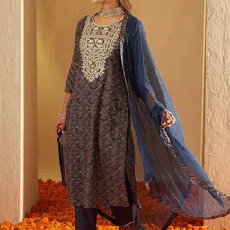 Indo Era Ethnic Motifs Printed Pure Cotton Straight Kurta With Trousers & Dupatta-image-66