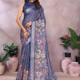 DIVASTRI Floral Blue Zari Linen Blend Jamdani Saree-picture-21