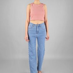Wear Your Words Women Pearl Studded Wide Leg Jeans - Ice Blue-image-42
