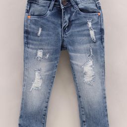 Vitamins Full Length Denim Washed Shredded Jeans - Blue-image-60