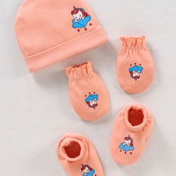 Babyhug 100% Cotton Cap Mittens & Booties Unicorn Print Peach- Diameter 10 cm-picture-8