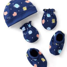 Babyhug 100% Cotton Interlock Knit Cap Mittens & Booties Set with Space Print - Navy Blue-image-19