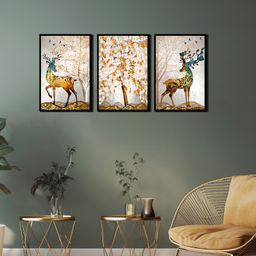 WENS Golden Deer Tree Landscape Framed Canvas Set of 3 Painting for Home Decor 19 Inch x 39 Inch-image-33