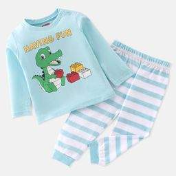 Babyhug Cotton Knit Full Sleeves Night Suit With Dino Print - Blue & White-image-59