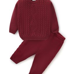 Babyhug Knitted Full Sleeves Sweater Set with Cable Knit Design - Maroon-image-99