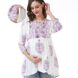 Bella Mama Woven Three Fourth Sleeves Maternity Top with Jal Printed Yoke  - White-image-30