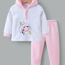 Kookie Kids Full Sleeves Hooded Front Zipper Winter Wear Suit With Giraffe Embroidery - Pink & White-image-92