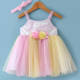 Babyhug Woven Sleeveless Mesh Dress With Sequinned Yoke & Headband - Multicolour-picture-38