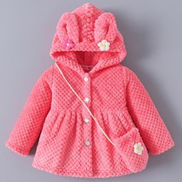 Kookie Kids Full Sleeves Front Open Hooded Fur Jacket With Floral Applique & Side Purse - Hot Pink-image-97