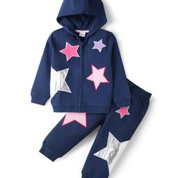 Babyhug Terry Knit Full Sleeves Hooded Sweatjacket & Lounge Pant Set With Star Print - Navy Blue-image-77
