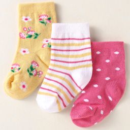 Cute Walk By Babyhug Anti-Bacterial Ankle Length Pack of 3 Socks With Floral Stripe & Polka Dot Print - White Pink & Yellow-image-121