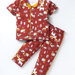 OHMS Single Jersey Knit Half Sleeves Night Suit With Snail Print - Maroon-image-85