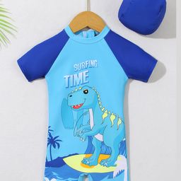 Babyhug Half Sleeves Legged Swimsuit with Cap Dino Print - Blue-image-13