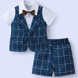 Mark & Mia Half Sleeves Checkered Shirt & Shorts Set with Attached Waistcoat & Bow - Navy Blue-image-42