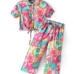 CrayonFlakes Rayon Half Sleeves Floral Printed Crop Shirt Style Top & Coordinating Belted Palazzo Set - Green-picture-37