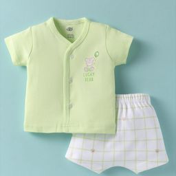 Zero Interlock Knit Half Sleeves Shorts Night Suit with Bear Print & Checks - Mint & White-picture-22