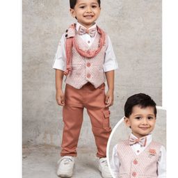 LITTLE COLLARS Cotton Blend Full Sleeves Jacquard 3 Piece Party Suit Set With Bow & Stole - Peach-image-20