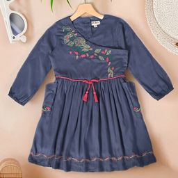 Bella Moda Cotton Full Puffed Sleeves Floral Embroidered Dress - Blue-image-81