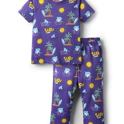 Babyhug Cotton Knit Half Sleeves Co-ords Night Suit With Beach Theme Print - Navy Blue-image-94