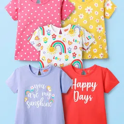 Babyhug 100% Cotton Knit Half Sleeves T-Shirts With Polka Dots & Floral Print Pack Of 5 - Pink Yellow & White-picture-17
