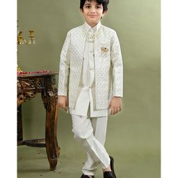 BT DEZINES Silk Blend Woven Solid Sherwani & Pant With Full Sleeves Sequins Embelished Jacket & Necklace Set - White-image-81