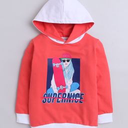 BUMZEE Looper Knit Full Sleeves Skate Board & Girl Printed Hooded Sweatshirt - Coral-image-88