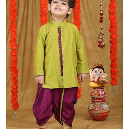 Polka Tots Cotton Woven Full Sleeves Gota Lace Embellished Dhoti Kurta Set - Light Green-image-43