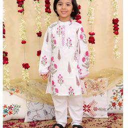 BownBee Pure Cotton Woven Full Sleeves Hand Block Floral Printed Kurta & Pyjama Set - Pink-image-68